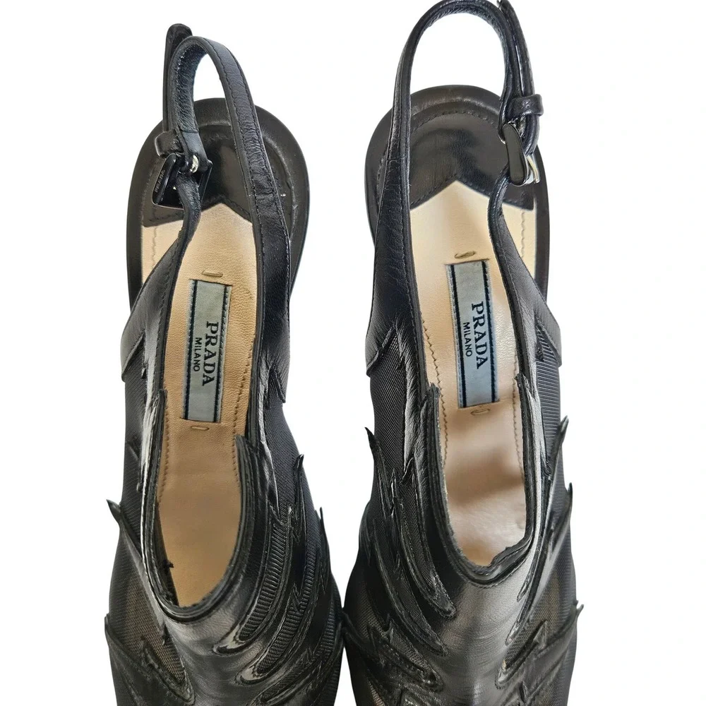 PRADA Black Leather Lightning Bolt Mesh Accents‎ Slingback Pumps Size 6.5 | 37